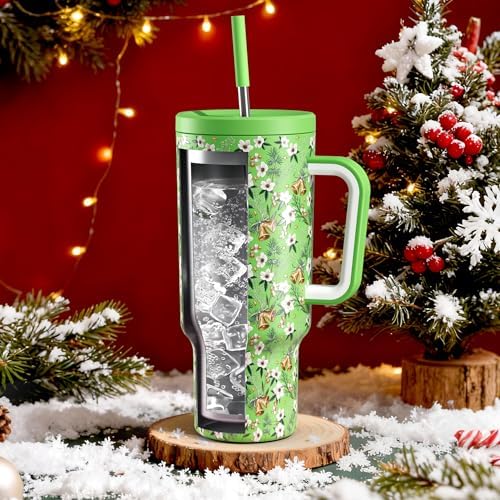 Meoky 40 oz Christmas Tumbler with Handle and Straw, Xmas Tumbler with Lid and Straw, Insulated Stainless Steel Travel Mug, for Women Men Adults (Jingle Bloom)