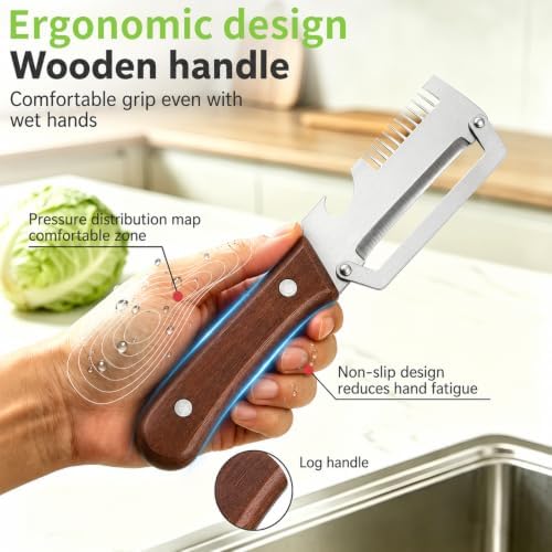 3-in-1 Vegetable Peeler with Scallion Shredder & Bottle Opener, Professional Stainless Steel Potato Peeler with Ergonomic Wood Handle, Rust-Resistant & Heavy Duty Kitchen Tool (1)