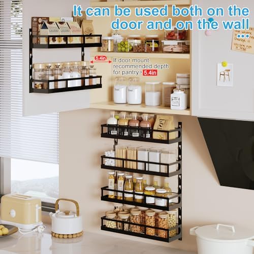X-cosrack 6-Tier Wall-Mounted Spice Rack Organizer with Mixed Basket Sizes, Height-Adjustable Hanging Spice Shelf for Kitchen Pantry Cabinet, Large-Capacity Seasoning Holder, Black