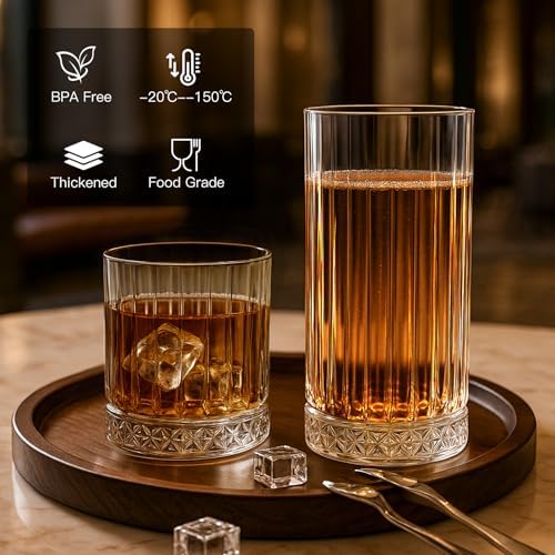 Ruckae Drinking Glasses Set of 8,15 oz and 7 oz Kitchen Water Glass Cups Set,Clear Ribbed Glassware Dishwasher Safe,Mixed Drinkware for Beer,Juice,Cocktail,Whiskey,Milk and Various Mixed Drinks