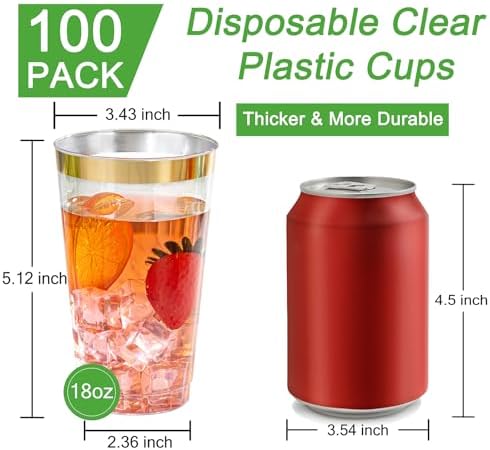 I00000 100 Pack 18 oz Gold Plastic Cups, Elegant Gold Rimmed Plastic Cups, Disposable Cocktail Glasses Wine Glasses, 18 oz Premium Tumblers Perfect for Birthday, Party & Wedding
