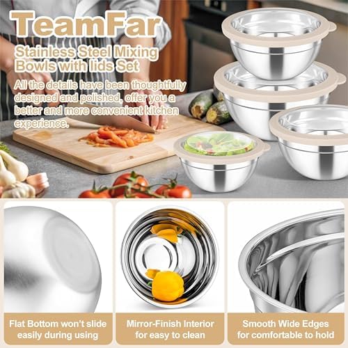 TeamFar Mixing Bowls Set, Stainless Steel Salad Bowl with Lids, Khaki