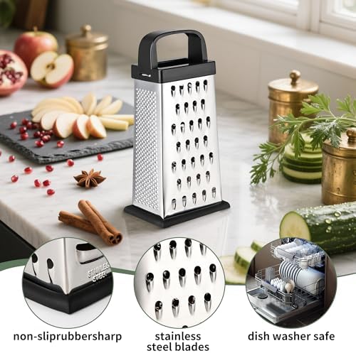 Kaishun 8IN Cheese Grater, 4-Sided Box Grater for Cheese, Vegetable & Fruit