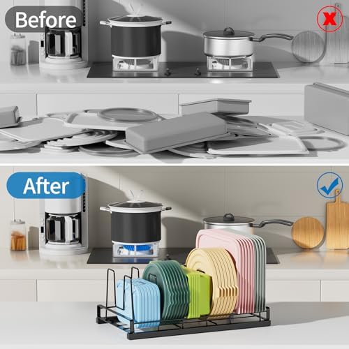 Food Container Lid Organizer Rack with Adjustable 6 Dividers, Black