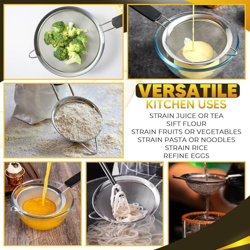 Set of 3 Fine Mesh Strainers for Kitchen | 3.4 inch, 5.5 inch and 7.9 inch Stainless Steel Strainer