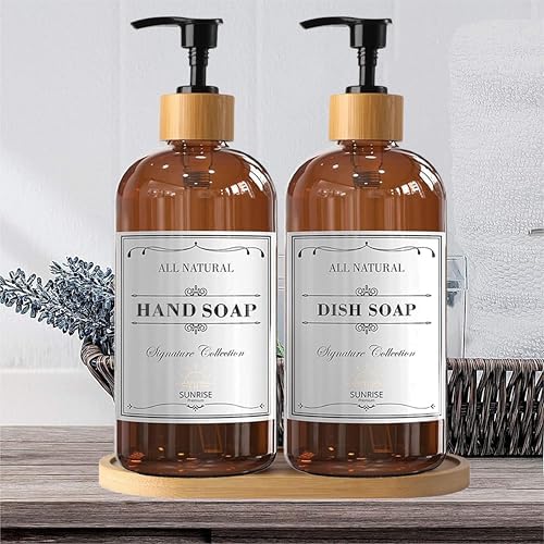 Sunrise Premium Amber Glass Soap Dispenser, Bamboo Pump with Tray, 2 Pack