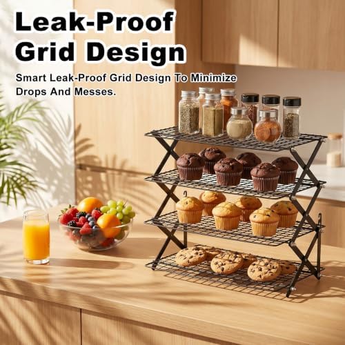 4 Tier Cooling Rack Adjustable Stackable Non-Stick Wire Rack Stainless Steel Baking Racks with Leak-Proof Mesh X-Shaped Structure for Roasting Cooking Cookies Cakes Drying Picnic Party