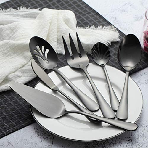 Berglander Stainless Steel Black Titanium Plated Flatware Serving Set 6 Pieces, 5 Serving Pieces of 45 Pieces Flatware With 1 Cake Server, Serving Silverware Set (Shiny Black)