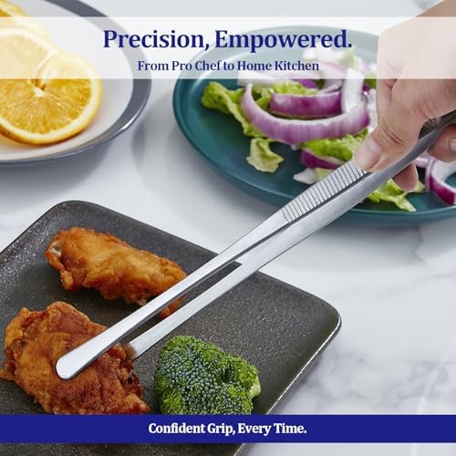 12-inch Stainless Steel Cooking Tongs & Tweezers, Non-Slip Grip & Serrated Tips for Grilling, Baking, Garnishing, BBQ, Kitchen & Craft Use (Straight Tip & Round Tip)