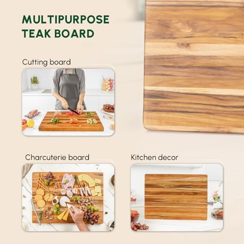 BEEFURNI Large Teak Wood Cutting Board with Hand Grip (22x16x1.25", L)