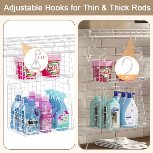 4-Tier Hanging Laundry Room Organizer: Foldable Wire Shelf Basket with 2 Large Hooks 1.65" & 360°Rotating Hooks – Space-Saving Laundry Storage Basket, for Wardrobe Closet Storage, White Patent