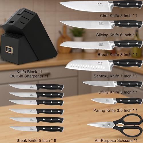 WANGMAZI 15-Pcs Knife Set, High Carbon Steel Ultra Sharp, Black Pro