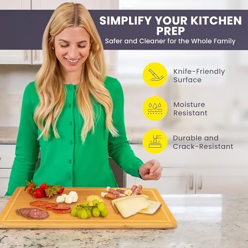 20 Inch Bamboo Wood Cutting Board Featuring Super-Sized Glue-Free Surface™ – Heavy Duty Butcher Block for Safe Meal Prep, Chopping & Carving with Lifetime Replacements - Rectangle