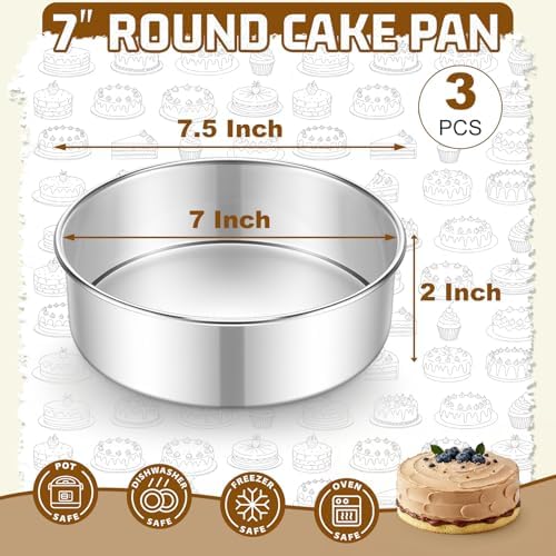 E-far 7 Inch Cake Pan Set of 3, Stainless Steel Round Baking Pans Tins