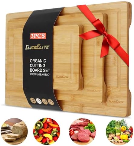 SliceElite Wood Cutting Board - 3 Piece Bamboo Cutting Board Set, Wooden Cutting Boards for Kitchen with Deep Juice Groove, Side Handles - Wood Chopping Boards for Meal Prep, Meat, Vegetables