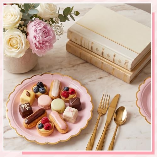 NatNarr 30 Pk Pink Gold Plates 9" Disposable Scalloped Pink Paper Plates
