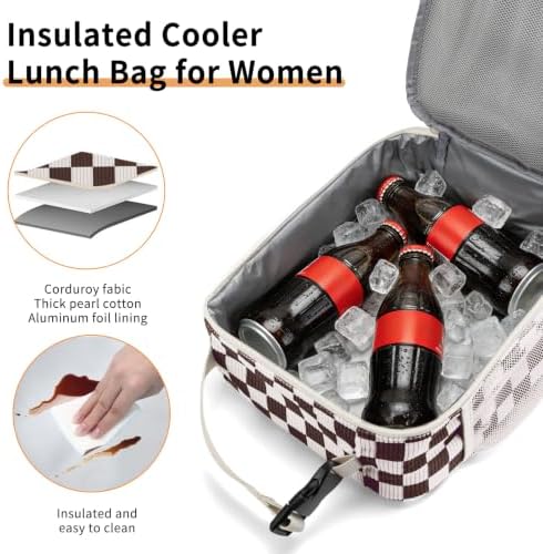 Lunch Box for Women Men Adult Insulated Lunch Bag Women Men Small Reusable Lunchbox for Work Picnic Travel (Coffee-White Plaid)