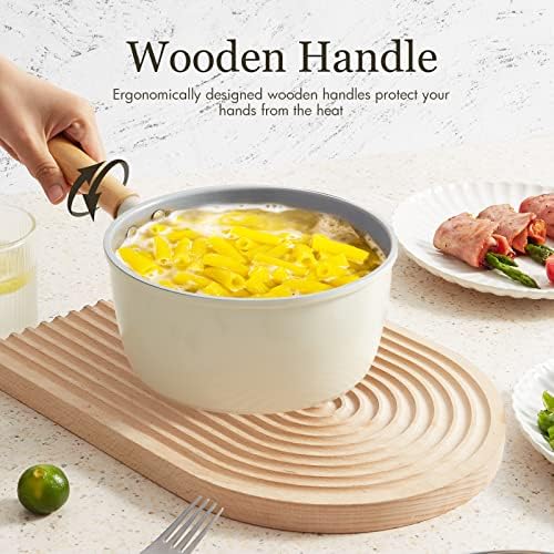 ROCKURWOK Ceramic Nonstick Sauce Pan, 3 QT Pot with Steamer, Non Toxic & PFAS-Free, Wooden Handle for Cool Touch, Universal Base(Gas, Electric & Induction), White