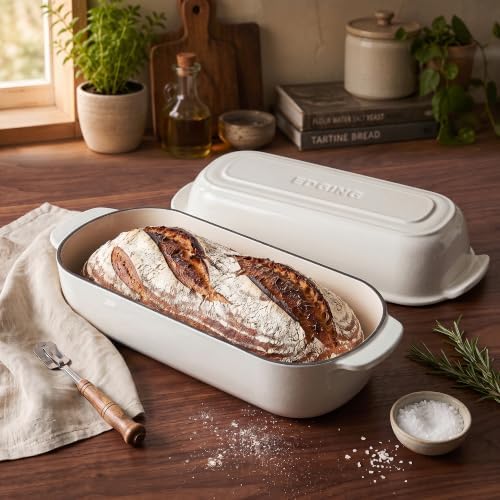 EDGING CASTING Enameled Cast Iron Loaf Pan with Lid, Bread pan, Dutch Oven Bread pan for Homemade Sourdough Bread Baking, 12.5x5.5 inch, 5qt, White
