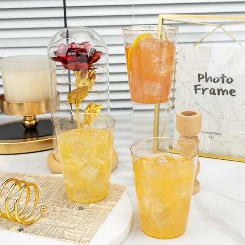 I00000 100 Pcs Gold Plastic Cups, 10 oz Hard Gold Glitter Disposable Cups