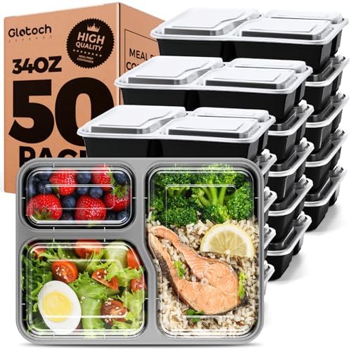 Glotoch 3-Compartment Meal Prep Containers with Lids, 34 oz, 50 Pack