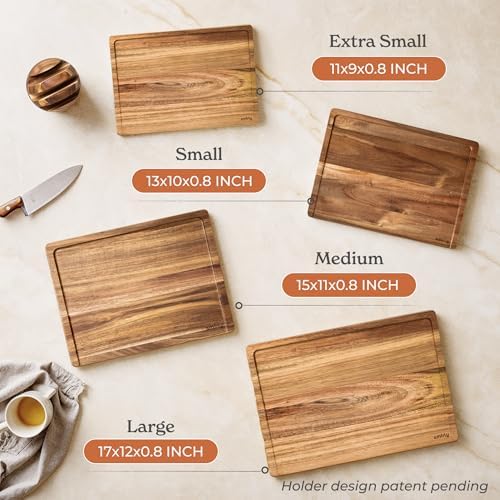 SMIRLY Wood Cutting Board - 4 Pack Cutting Board Set with Stand - Acacia