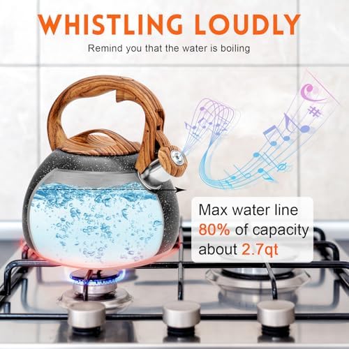 GGC Tea Kettle for Stove Top, Loud Whistling Kettle for Boiling Water Coffee or Milk, 3.1 Quart Heavy Stainless Steel Starry Black Kettle with Wood Pattern Handle, Unique Button Control Kettle Outlet