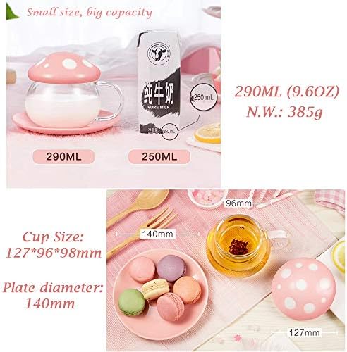 Mushroom Tea Cup Set, Cute Cups Glass Tea Cups with Infuser and Lid, Kawaii Teacup for Loose Leaf Tea Steeper, Coffee Mugs with Saucers, Blooming Tea, Tea Maker Gifts for Women Girls Birthday (Pink)