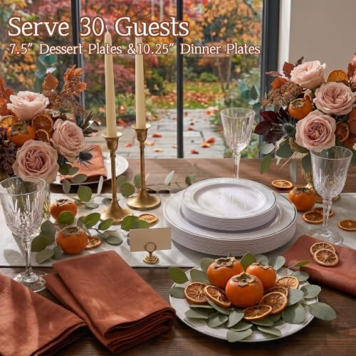 FLOWERCAT 60PCS Silver Plastic Plates - Heavy Duty White and Silver Plastic Plates Disposable - Include 30PCS 10.25inch Dinner Plates and 30PCS 7.5inch Dessert Plates for Fall Wedding&Birthday Party