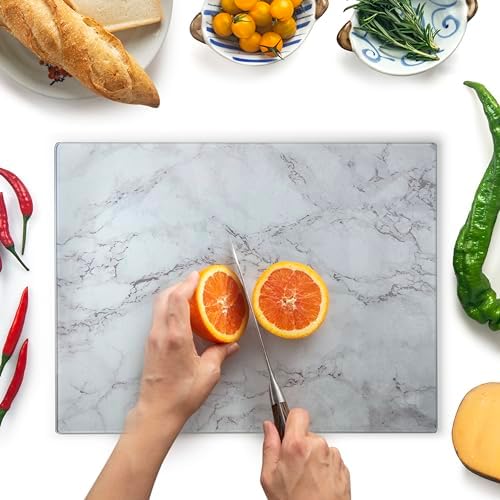 Kitchenville Glass Cutting Board 16"x12": Tempered Glass Kitchen Counter Protector - Durable- Scratch-Resistant, Heat-Proof - Design 3 - Grey Marble Effect