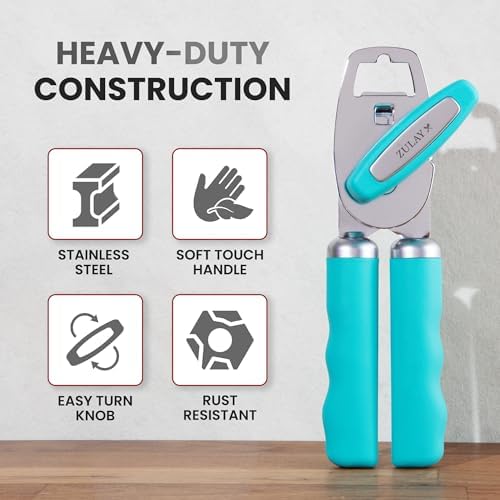 Zulay Kitchen Manual Can Opener Heavy Duty Patented Stainless Steel, Aqua