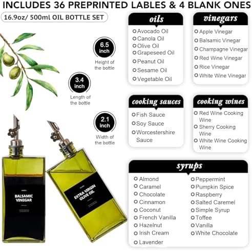 Olive Oil Dispenser Bottle for Kitchen, 16.9oz /500ml Cooking Vinegar Dispenser Bottle Set, Glass Sauce Container, Labels, Brush, Funnel, Stoppers, Green for Oil, Wine