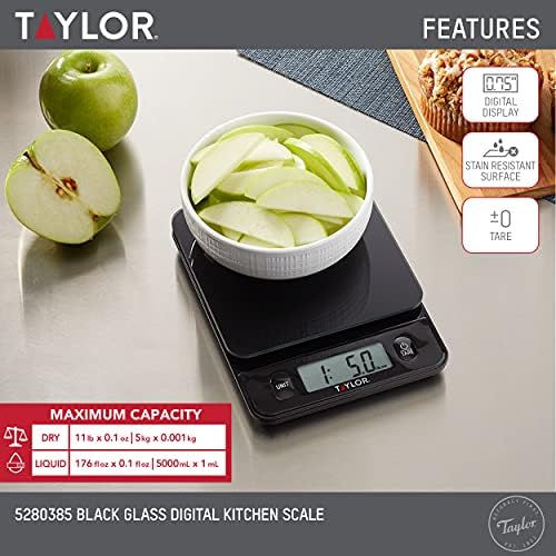 Taylor Glass Top Food Scale with Touch Controls, 11 lb Capacity, Sleek Black Design for Precision Food Measurement in Grams and Ounces (Pack of 4)