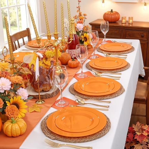 FLOWERCAT 60PCS Orange Plates - Heavy Duty Orange Plastic Plates Disposable for Fall Party & Halloween&Thanksgiving - Serve 30 Guests 10.25inch and 7.5inch