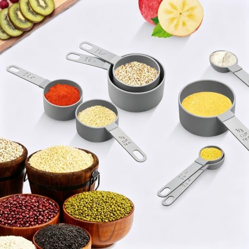 Measuring Cups Set Measuring Spoons Set, Nesting Measure Cups with Stainless Steel Handle, For Measuring Dry and Liquid Ingredients Small Teaspoon with Plastic Head (Grey)