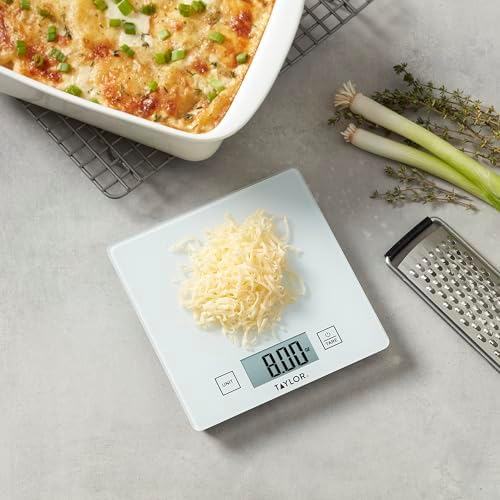 Taylor Compact Glass Kitchen Food Scale, 11 lb Capacity Digital Scale for Baking, Cooking, Meal Prep, Portion Control, Thin Lightweight Design, Easy-to-Read Display, White