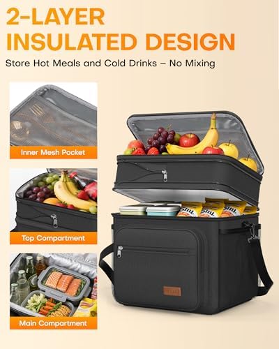 HOTOR Lunch Box Men Women Double-Layer Insulated Lunch Bag Black 27L