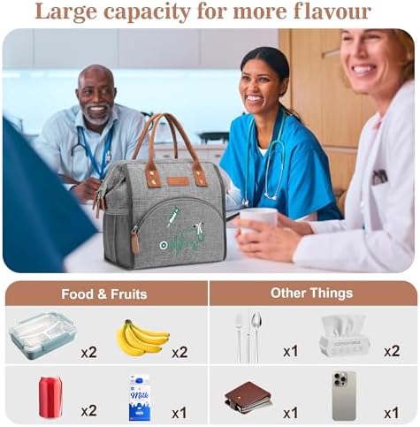 LOKASS Nurse Lunch Bag for Women, Embroidered Lunch Box with Special Nursing Design, Insulated Lunch Tote Ideal for Nurse Gifts, Neutral Grey