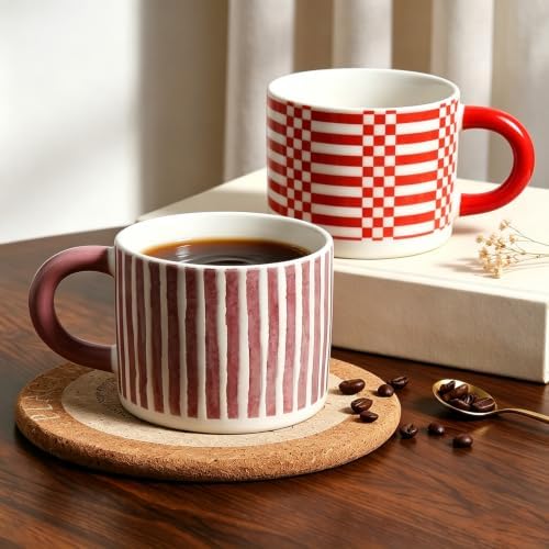 Stoneware Coffee Mugs Set of 4, 14oz Hand-Painted Coffee Cups with Handle