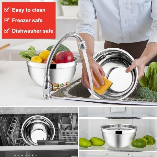 E-far Mixing Bowls with Lids Set, 6-Piece Stainless Steel Salad Bowls