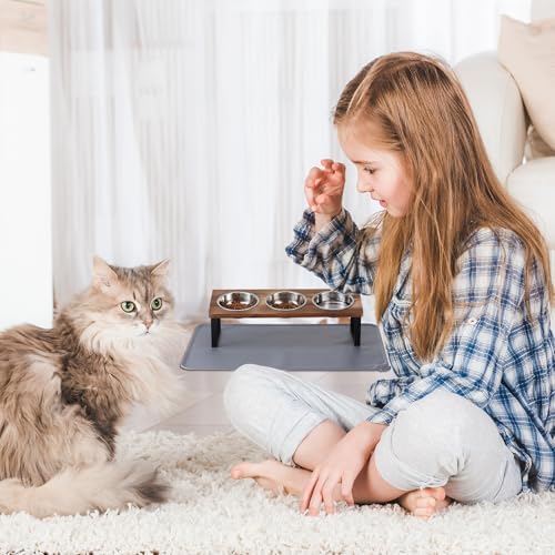 Summark Upgraded Elevated Cat Bowls with Food Mat,15°Tilted Stand Anti Vomiting Raised Cat Dishes for Food and Water,3 Stainless Steel Bowls for Cats and Puppy（Rustic Brown）