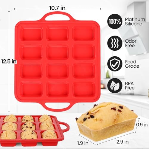 Silicone Mini Loaf Pan, 12 Cavities Metal Reinforced Frame Nonstick Food Grade for Baking Mini Bread, Brownie, Cornbread, Cheesecake and Chocolate (2 Pack)