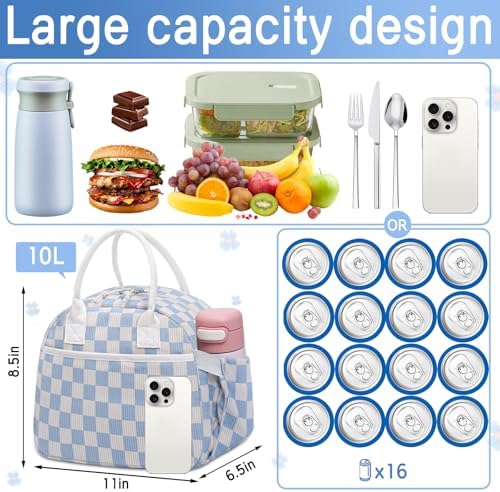 Carry bloom Lunch Box for Women, Insulated Lunch Bag Cute Corduroy Lunchbag Reusable Lunchbox for Work (checkered blue white)