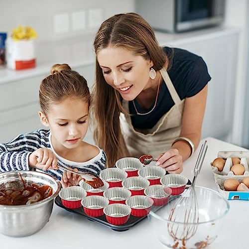 100Pcs Aluminum Cups with Lids,5oz Disposable Ramekin Baking Cups Muffin Liners Mini Pie Pans Foil Cupcake Containers for Christmas Party Wedding Party,Red