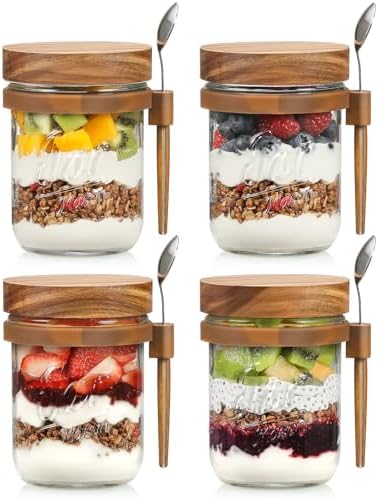 LANDNEOO 4 Pack Overnight Oats Containers with Wooden Lids and Spoons, 16oz Glass Mason Overnight Oats Jars with Lids, Large Capacity Airtight Jars for Milk, Cereal, Fruit