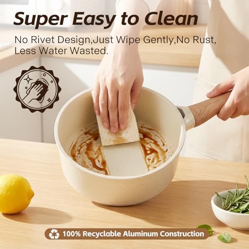 Ceramic Nonstick Saucepan with Lid, 2.0 QT Small Non Stick Stock Pot with Stay-cool Handle, Induction Compatible Cooking Pot White Granite Coating Easy to Clean Kitchen Cookware