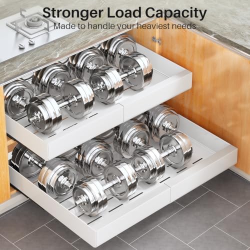 Kitstorack Pull out Cabinet Organizer, Expandable(18"-30") Heavy Duty Slide out Drawers Fixed with Adhesive Nano Film for Pots, Roll out Shelf Storage for Kitchen Base Cabinet Organization(3 Rails)