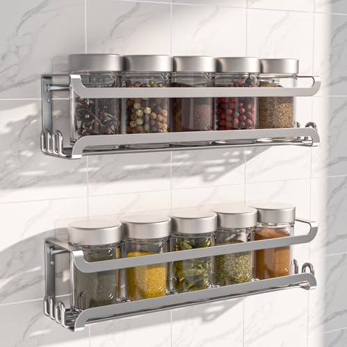 LUCYCAZ 2 Pack Wall Mounted Spice Rack for Spice Jars & Seasonings (Silver)