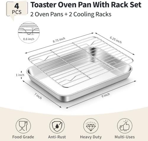 TeamFar Stainless Steel Toaster Oven Pan with Rack Set, 9"x7"x1"