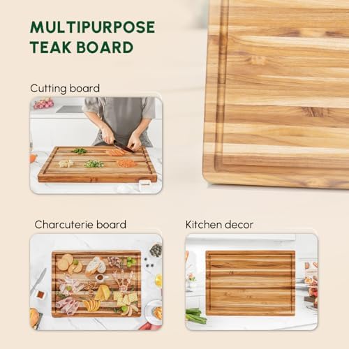 BEEFURNI Large Teak Wood Cutting Board with Juice Groove (22x16x1.25", L)